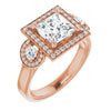10K Rose Gold Customizable 3x Halo-Enhanced 3-stone Style with Princess/Square Cut Center and Round Cut Accents