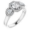 10K White Gold Customizable 3x Halo-Enhanced 3-stone Style with Emerald/Radiant Cut Center and Round Cut Accents