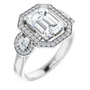 10K White Gold Customizable 3x Halo-Enhanced 3-stone Style with Emerald/Radiant Cut Center and Round Cut Accents