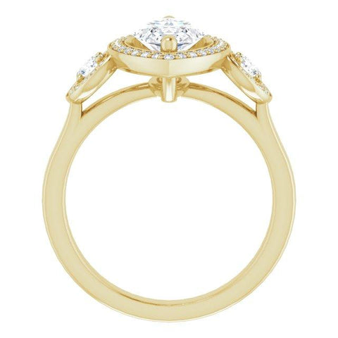 10K Rose Gold Customizable 3x Halo-Enhanced 3-stone Style with Marquise Cut Center and Round Cut Accents