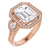 10K Rose Gold Customizable 3x Halo-Enhanced 3-stone Style with Emerald/Radiant Cut Center and Round Cut Accents