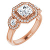 10K Rose Gold Customizable 3x Halo-Enhanced 3-stone Style with Asscher Cut Center and Round Cut Accents