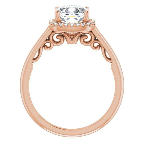 10K Rose Gold Customizable Cathedral-Halo Cushion Cut Style featuring Sculptural Trellis