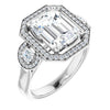 10K White Gold Customizable 3x Halo-Enhanced 3-stone Style with Emerald/Radiant Cut Center and Round Cut Accents
