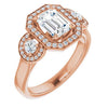 10K Rose Gold Customizable 3x Halo-Enhanced 3-stone Style with Emerald/Radiant Cut Center and Round Cut Accents
