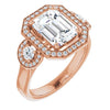 10K Rose Gold Customizable 3x Halo-Enhanced 3-stone Style with Emerald/Radiant Cut Center and Round Cut Accents