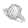 Cubic Zirconia Engagement Ring- The Ashton (Customizable Vintage Emerald Cut Design with Beaded Milgrain and Starburst Semi-Halo)