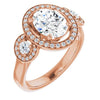 10K Rose Gold Customizable 3x Halo-Enhanced 3-stone Style with Oval Cut Center and Round Cut Accents