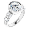 14K White Gold Customizable Bezel-set Round Cut Design with Quad Horizontal Band Sleeves of Baguette Accents