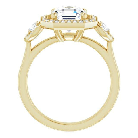 10K Rose Gold Customizable 3x Halo-Enhanced 3-stone Style with Asscher Cut Center and Round Cut Accents