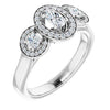 10K White Gold Customizable 3x Halo-Enhanced 3-stone Style with Oval Cut Center and Round Cut Accents
