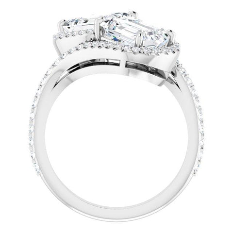 10K Rose Gold Customizable Double Emerald/Radiant Cut 2-Stone Style Enhanced with Accented Artisan Bypass Band