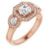 10K Rose Gold Customizable 3x Halo-Enhanced 3-stone Style with Asscher Cut Center and Round Cut Accents