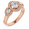 10K Rose Gold Customizable 3x Halo-Enhanced 3-stone Style with Oval Cut Center and Round Cut Accents