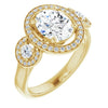 10K Yellow Gold Customizable 3x Halo-Enhanced 3-stone Style with Oval Cut Center and Round Cut Accents
