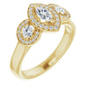 10K Yellow Gold Customizable 3x Halo-Enhanced 3-stone Style with Marquise Cut Center and Round Cut Accents