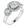 10K White Gold Customizable 3x Halo-Enhanced 3-stone Style with Cushion Cut Center and Round Cut Accents