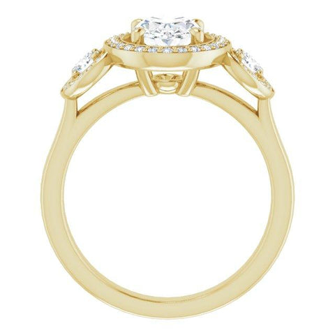 10K Rose Gold Customizable 3x Halo-Enhanced 3-stone Style with Oval Cut Center and Round Cut Accents