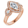 10K Rose Gold Customizable 3x Halo-Enhanced 3-stone Style with Marquise Cut Center and Round Cut Accents
