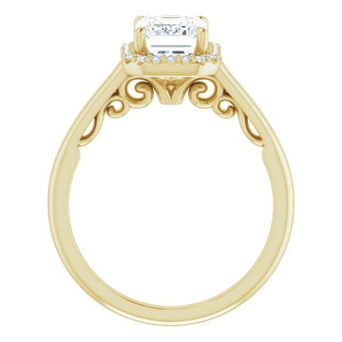 10K Rose Gold Customizable Cathedral-Halo Emerald/Radiant Cut Style featuring Sculptural Trellis