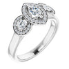 10K White Gold Customizable 3x Halo-Enhanced 3-stone Style with Marquise Cut Center and Round Cut Accents
