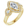 10K Yellow Gold Customizable 3x Halo-Enhanced 3-stone Style with Marquise Cut Center and Round Cut Accents