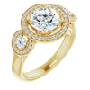 10K Yellow Gold Customizable 3x Halo-Enhanced 3-stone Style with Round Cut Center and Round Cut Accents
