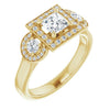 10K Yellow Gold Customizable 3x Halo-Enhanced 3-stone Style with Princess/Square Cut Center and Round Cut Accents