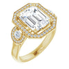 10K Yellow Gold Customizable 3x Halo-Enhanced 3-stone Style with Emerald/Radiant Cut Center and Round Cut Accents