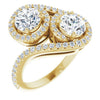 10K Yellow Gold Customizable Double Round Cut 2-Stone Style Enhanced with Accented Artisan Bypass Band