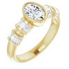 10K Yellow Gold Customizable Bezel-set Oval Cut Design with Quad Horizontal Band Sleeves of Baguette Accents