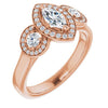 10K Rose Gold Customizable 3x Halo-Enhanced 3-stone Style with Marquise Cut Center and Round Cut Accents
