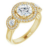 10K Yellow Gold Customizable 3x Halo-Enhanced 3-stone Style with Round Cut Center and Round Cut Accents