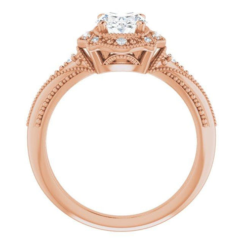 10K Rose Gold Customizable Vintage Oval Cut Design with Beaded Milgrain and Starburst Semi-Halo