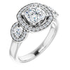 10K White Gold Customizable 3x Halo-Enhanced 3-stone Style with Cushion Cut Center and Round Cut Accents
