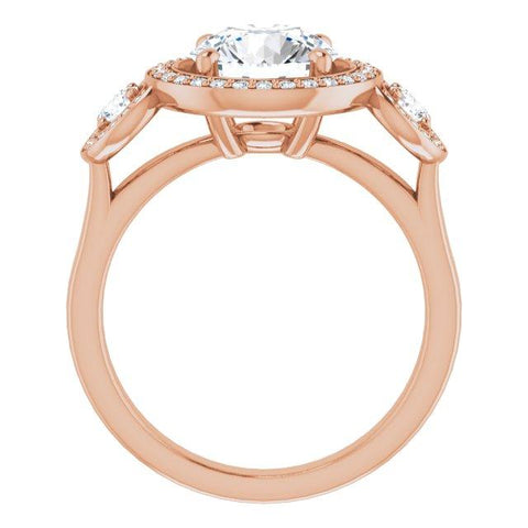 10K Rose Gold Customizable 3x Halo-Enhanced 3-stone Style with Round Cut Center and Round Cut Accents