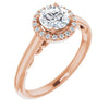 10K Rose Gold Customizable Cathedral-Halo Round Cut Style featuring Sculptural Trellis