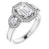 10K White Gold Customizable 3x Halo-Enhanced 3-stone Style with Emerald/Radiant Cut Center and Round Cut Accents