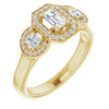 10K Yellow Gold Customizable 3x Halo-Enhanced 3-stone Style with Emerald/Radiant Cut Center and Round Cut Accents