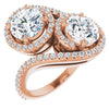 10K Rose Gold Customizable Double Round Cut 2-Stone Style Enhanced with Accented Artisan Bypass Band