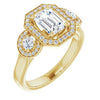 10K Yellow Gold Customizable 3x Halo-Enhanced 3-stone Style with Emerald/Radiant Cut Center and Round Cut Accents
