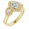 10K Yellow Gold Customizable 3x Halo-Enhanced 3-stone Style with Marquise Cut Center and Round Cut Accents