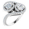 10K White Gold Customizable Double Round Cut 2-Stone Style Enhanced with Accented Artisan Bypass Band