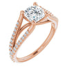10K Rose Gold Customizable Cathedral-raised Cushion Cut Center with Exquisite Accented Split-band