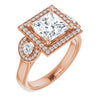 10K Rose Gold Customizable 3x Halo-Enhanced 3-stone Style with Princess/Square Cut Center and Round Cut Accents