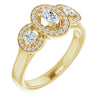 10K Yellow Gold Customizable 3x Halo-Enhanced 3-stone Style with Oval Cut Center and Round Cut Accents