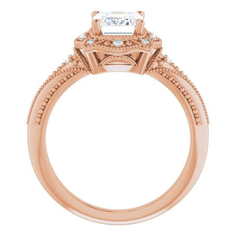 10K Rose Gold Customizable Vintage Emerald/Radiant Cut Design with Beaded Milgrain and Starburst Semi-Halo