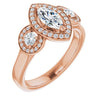 10K Rose Gold Customizable 3x Halo-Enhanced 3-stone Style with Marquise Cut Center and Round Cut Accents