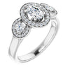 10K White Gold Customizable 3x Halo-Enhanced 3-stone Style with Oval Cut Center and Round Cut Accents