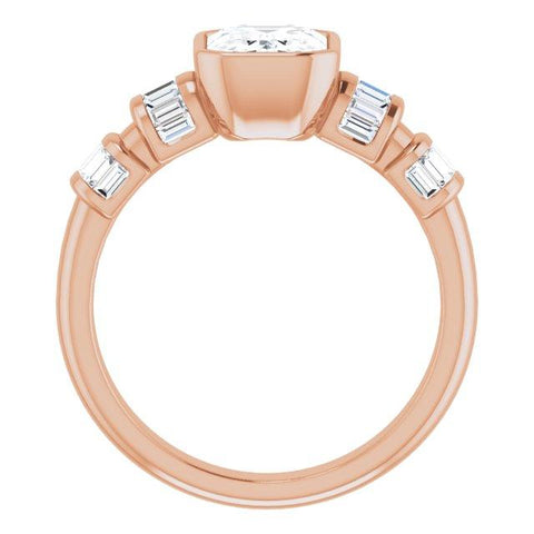 10K Rose Gold Customizable Bezel-set Emerald/Radiant Cut Design with Quad Horizontal Band Sleeves of Baguette Accents